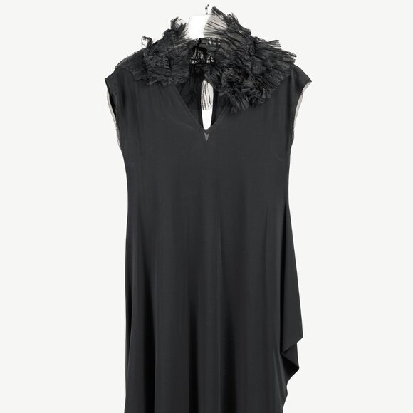 Marie Saint Pierre Ruffle Neck Asymmetrical Tulle Trim Black Dress - Picture 1 of 8
